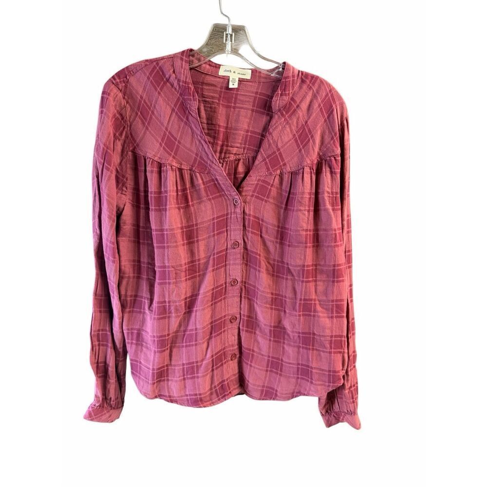 Cloth & Stone Anthropologie Plaid Button Front Boho Peasant Blouse M Mauve Pink